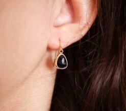 Christmas Gift - Black Stone Earrings - Drop Earrings - Gold Plated Earrings - Glass Stone - Stone Jewelry - Black Jewels - Black And Gold