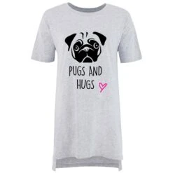 Oversized Pug Nightie Pugs And Hugs Mothers Day Mum Present Birthday Christmas Pet Present