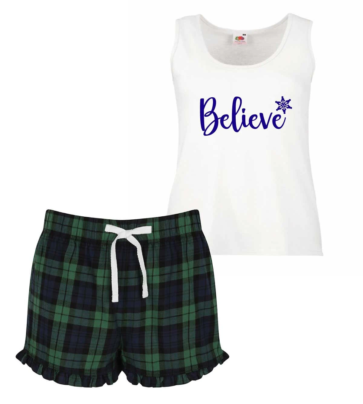 Ladies Christmas Pyjamas Believe PJ's Pyjamas Tartan Frill Shorts 5 Ladies Christmas Pyjamas Believe PJ's Pyjamas Tartan Frill Shorts - Image 3