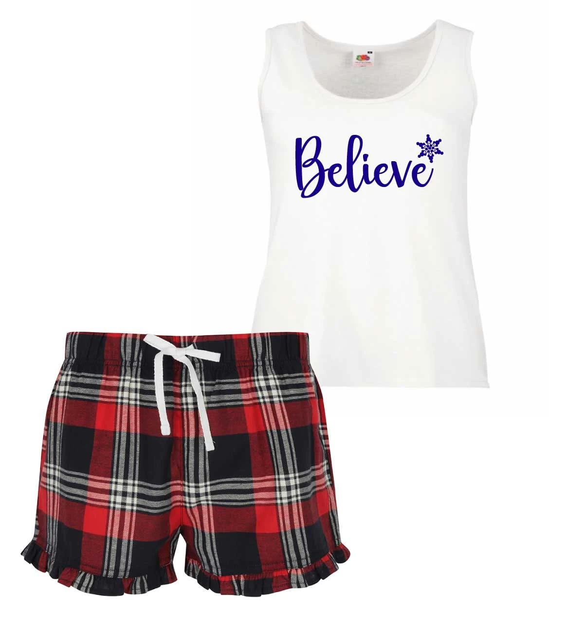 Ladies Christmas Pyjamas Believe PJ's Pyjamas Tartan Frill Shorts 3 Ladies Christmas Pyjamas Believe PJ's Pyjamas Tartan Frill Shorts