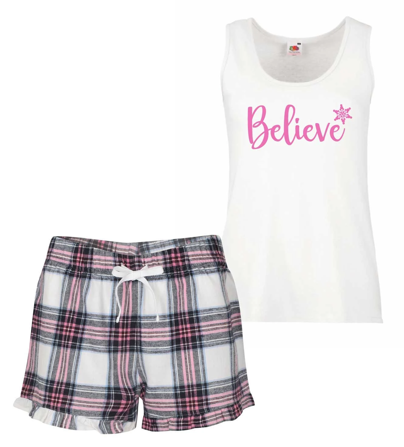 Ladies Christmas Pyjamas Believe PJ's Pyjamas Tartan Frill Shorts 4 Ladies Christmas Pyjamas Believe PJ's Pyjamas Tartan Frill Shorts - Image 2