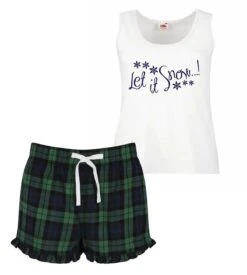 Ladies Christmas Pyjamas Let It Snow PJ's Pyjamas Tartan Frill Shorts