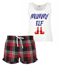 Ladies Christmas Pyjamas Mummy Elf PJ's Pyjamas Tartan Frill Shorts