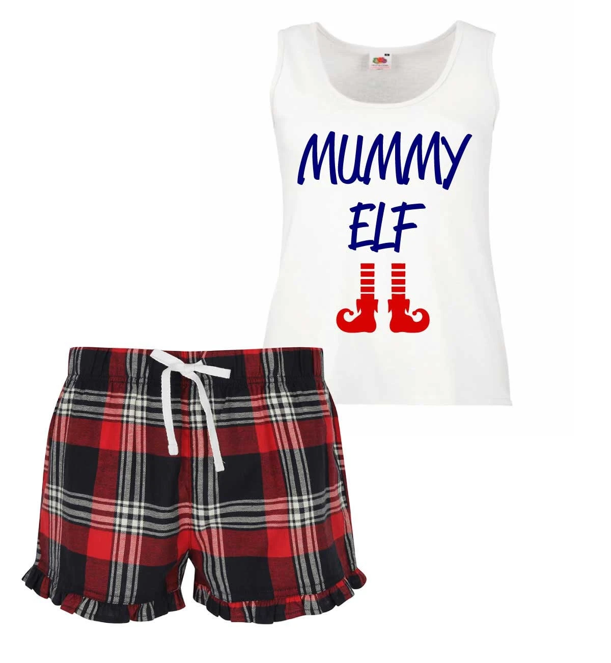 Ladies Christmas Pyjamas Mummy Elf PJ's Pyjamas Tartan Frill Shorts 3 Ladies Christmas Pyjamas Mummy Elf PJ's Pyjamas Tartan Frill Shorts