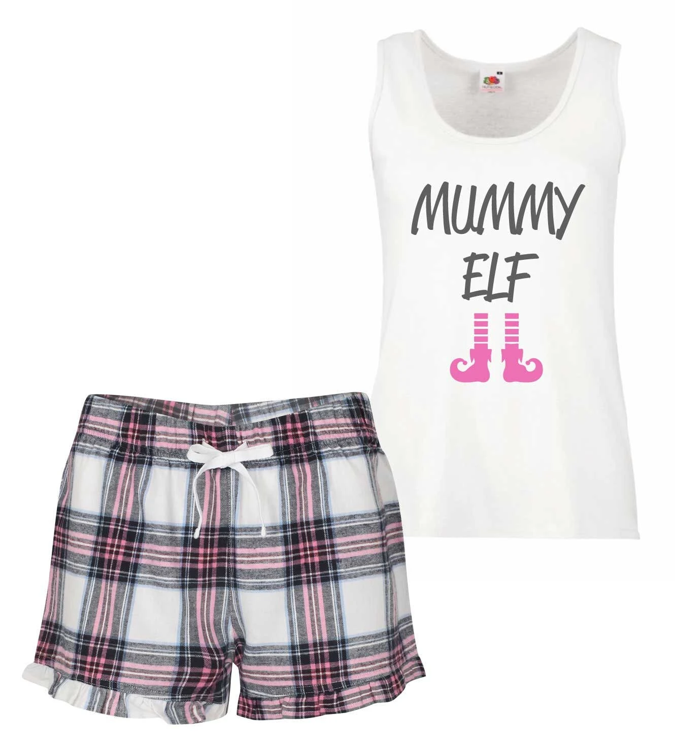 Ladies Christmas Pyjamas Mummy Elf PJ's Pyjamas Tartan Frill Shorts 5 Ladies Christmas Pyjamas Mummy Elf PJ's Pyjamas Tartan Frill Shorts - Image 3