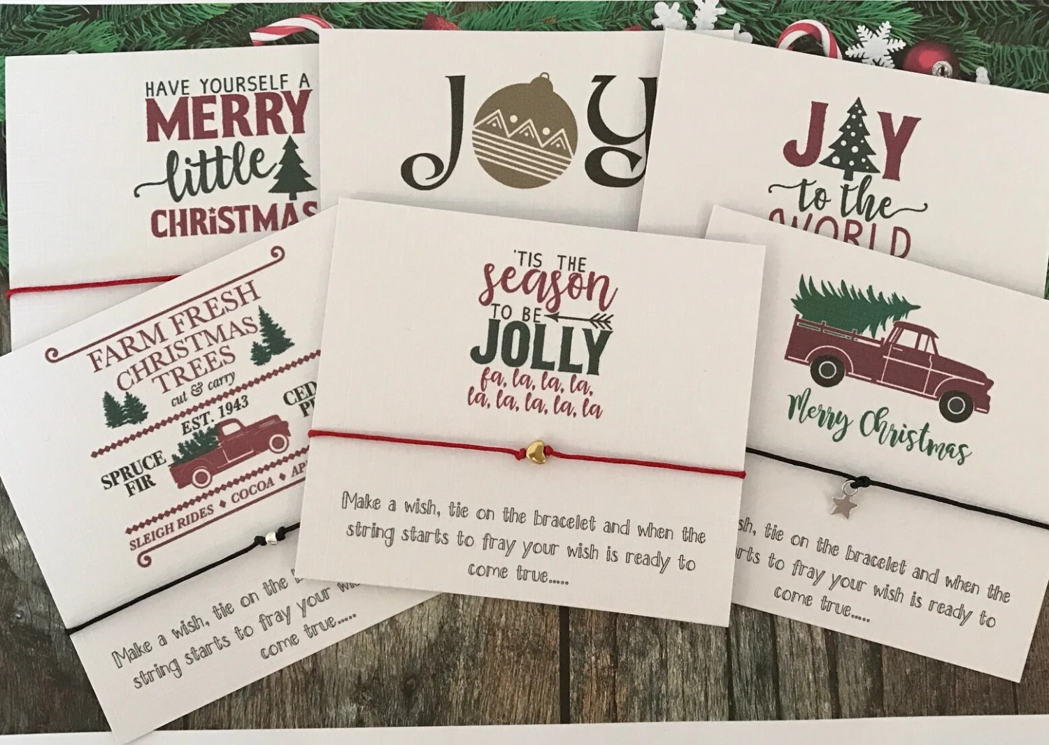 Set 6 Christmas Card Wish String Gift Vintage Wreath Choice Of Charm Bracelet Y60 WHITE 3 Set 6 Christmas Card Wish String Gift Vintage Wreath Choice Of Charm Bracelet Y60 WHITE