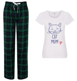 Cat Mum PJ's Pyjamas Tartan Pants Pajamas Mother Day Christmas Gift