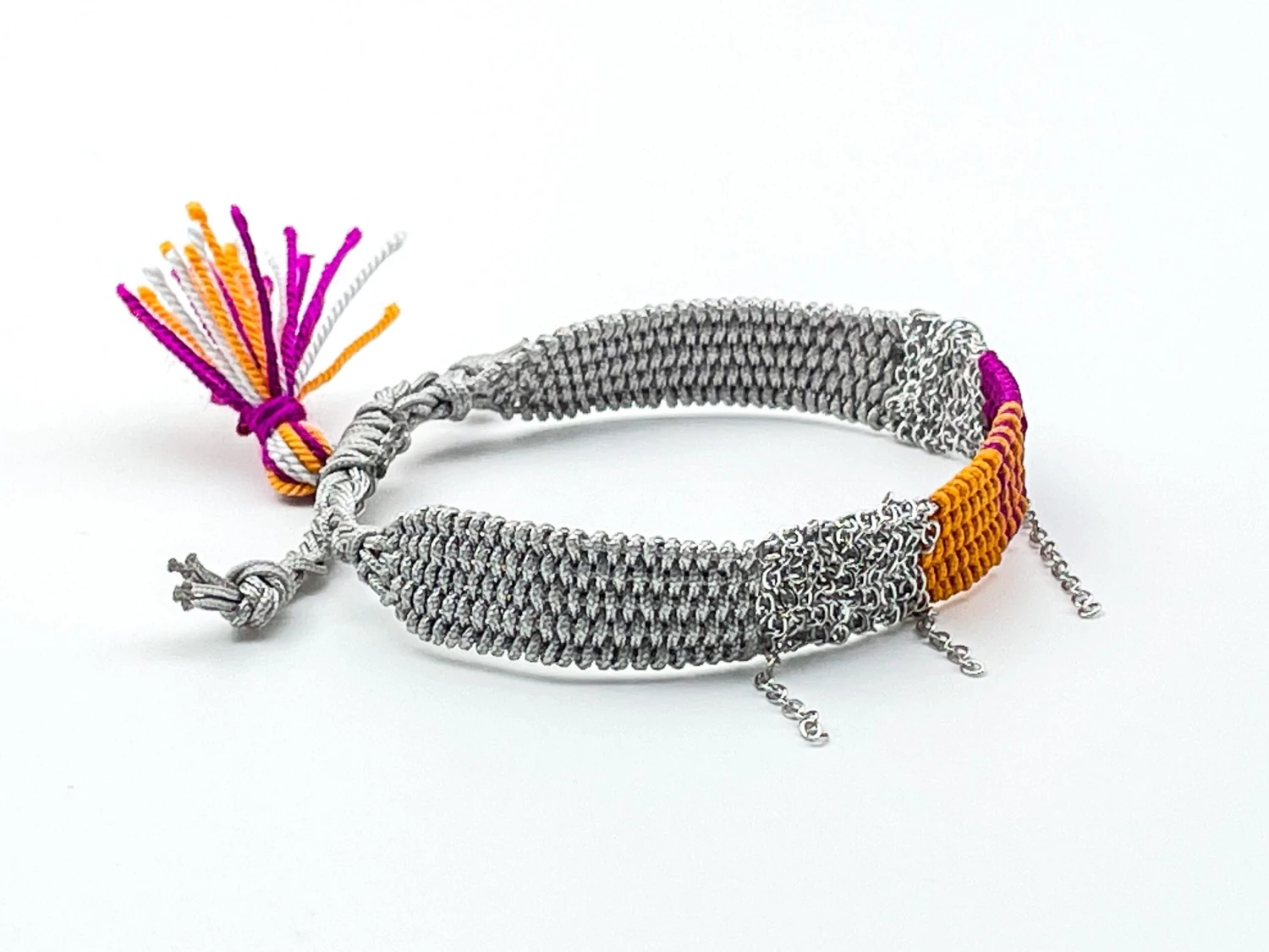 Royal Fuchsia Silver Adjustable Handwoven Bracelet With Tassel For Women, Festival Accessory, Matching Stacking Bracelet, Christmas Gift 4 Royal Fuchsia Silver Adjustable Handwoven Bracelet With Tassel For Women, Festival Accessory, Matching Stacking Bracelet, Christmas Gift - Image 2