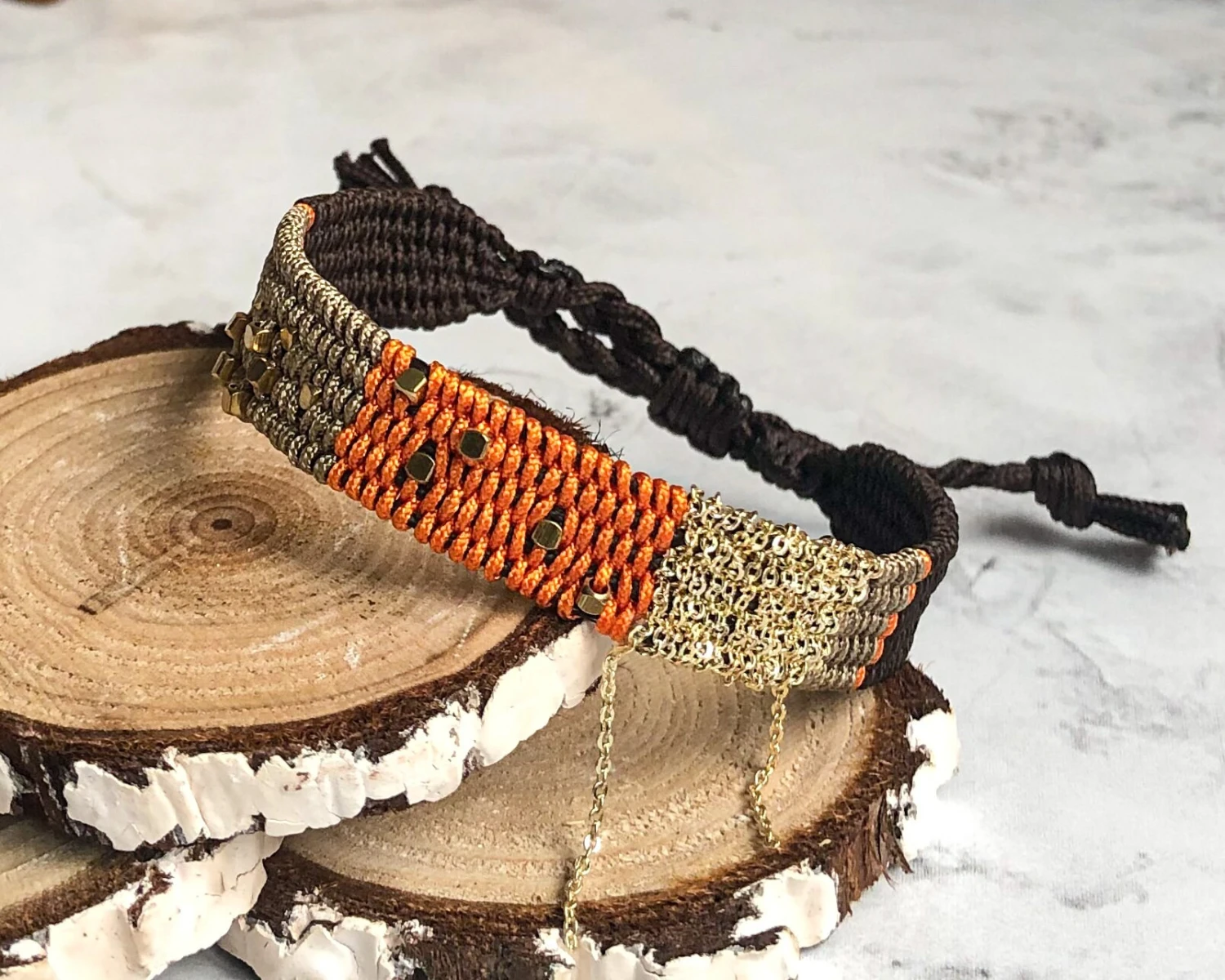 Bronze And Orange Halloween Bracelet With Pressed Metallic Beads, Adjustable Bracelet For Women, Boho Chic Design, Christmas Gift 8 Bronze And Orange Halloween Bracelet With Pressed Metallic Beads, Adjustable Bracelet For Women, Boho Chic Design, Christmas Gift - Image 6