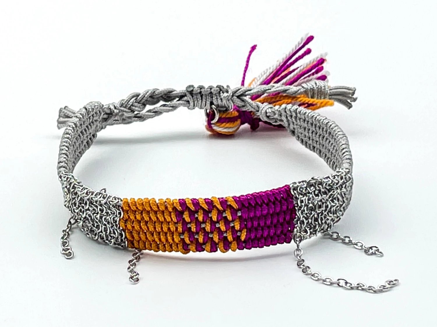 Royal Fuchsia Silver Adjustable Handwoven Bracelet With Tassel For Women, Festival Accessory, Matching Stacking Bracelet, Christmas Gift 3 Royal Fuchsia Silver Adjustable Handwoven Bracelet With Tassel For Women, Festival Accessory, Matching Stacking Bracelet, Christmas Gift