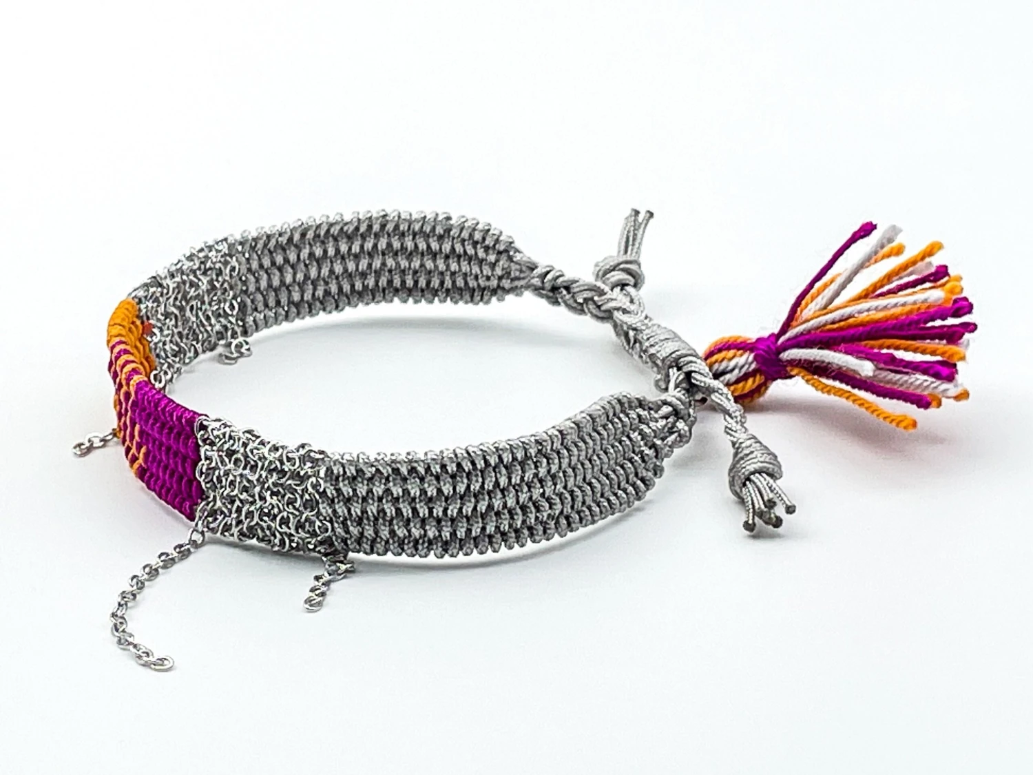 Royal Fuchsia Silver Adjustable Handwoven Bracelet With Tassel For Women, Festival Accessory, Matching Stacking Bracelet, Christmas Gift 6 Royal Fuchsia Silver Adjustable Handwoven Bracelet With Tassel For Women, Festival Accessory, Matching Stacking Bracelet, Christmas Gift - Image 4