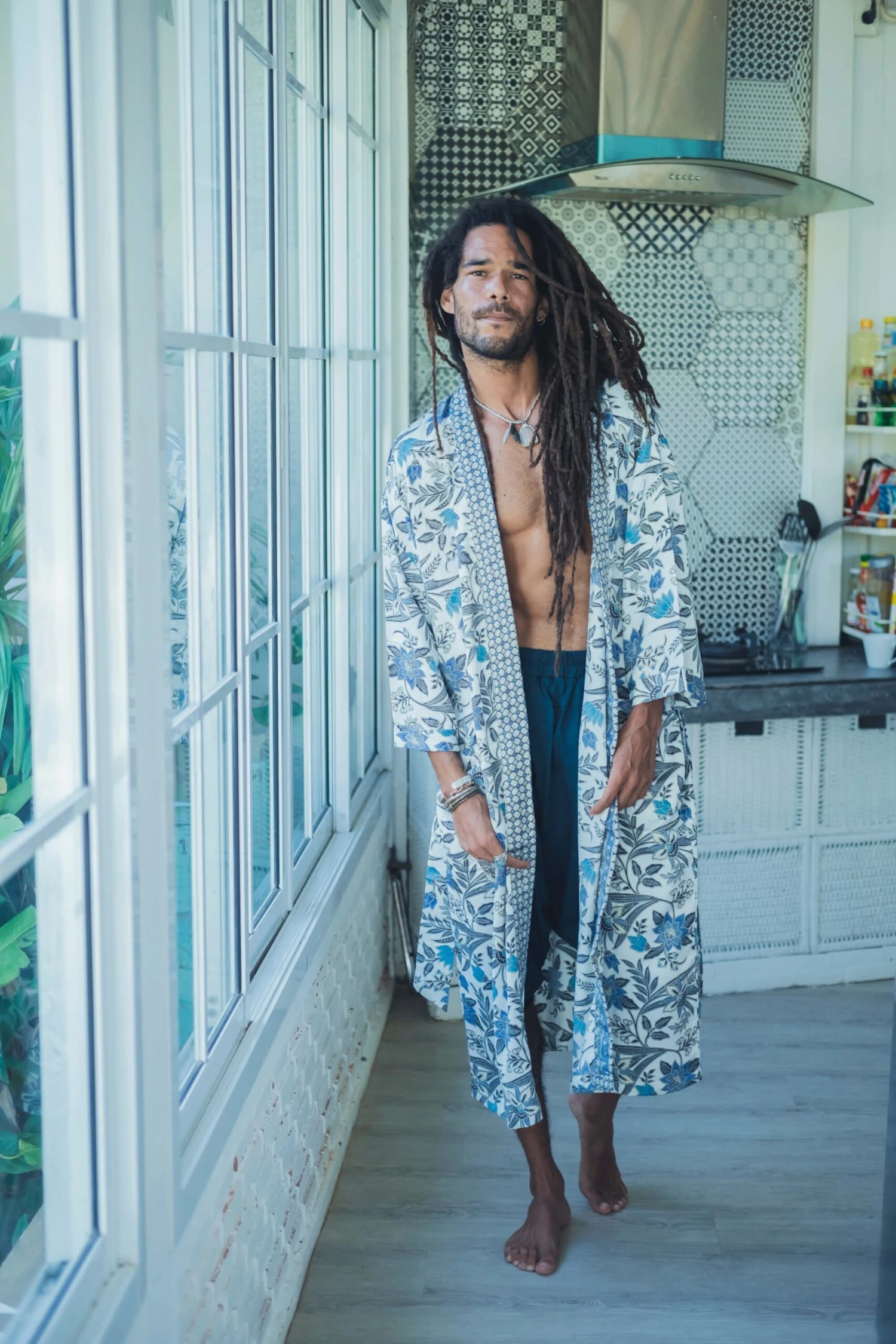 Bohemian Men Silk Kimono ~ White And Blue Silk Kimono Robe For Man ~ Silk Pajama Robe For Men ~ Bathrobe ~ Perfect Christmas Gift For Him 5 Bohemian Men Silk Kimono ~ White And Blue Silk Kimono Robe For Man ~ Silk Pajama Robe For Men ~ Bathrobe ~ Perfect Christmas Gift For Him - Image 3