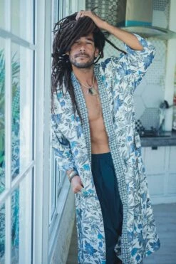 Bohemian Men Silk Kimono ~ White And Blue Silk Kimono Robe For Man ~ Silk Pajama Robe For Men ~ Bathrobe ~ Perfect Christmas Gift For Him