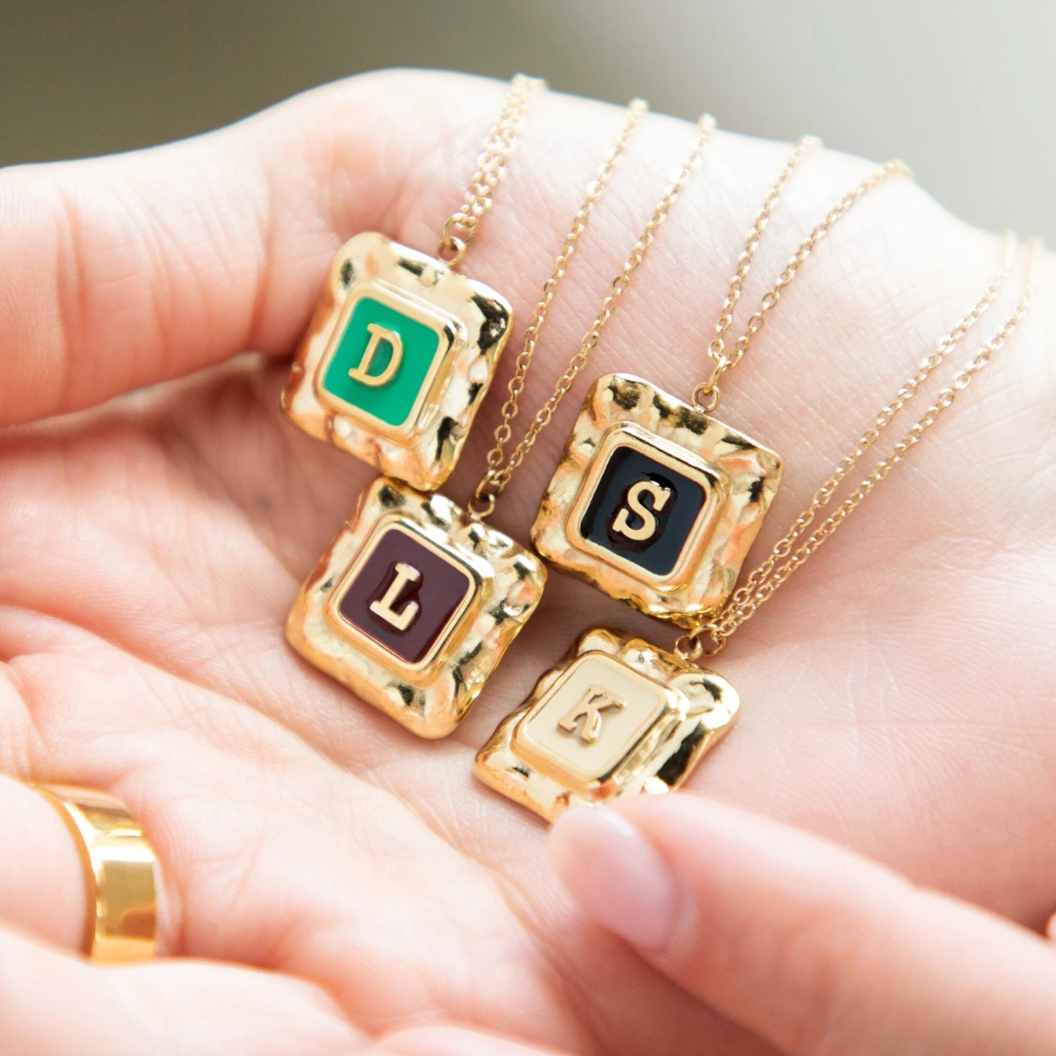 18k Vintage Gold Personalised Necklace, Initial Enamel Jewellery, 50th Female Gift, 30th Birthday Present For Women, Christmas Gift 6 18k Vintage Gold Personalised Necklace, Initial Enamel Jewellery, 50th Female Gift, 30th Birthday Present For Women, Christmas Gift - Image 4