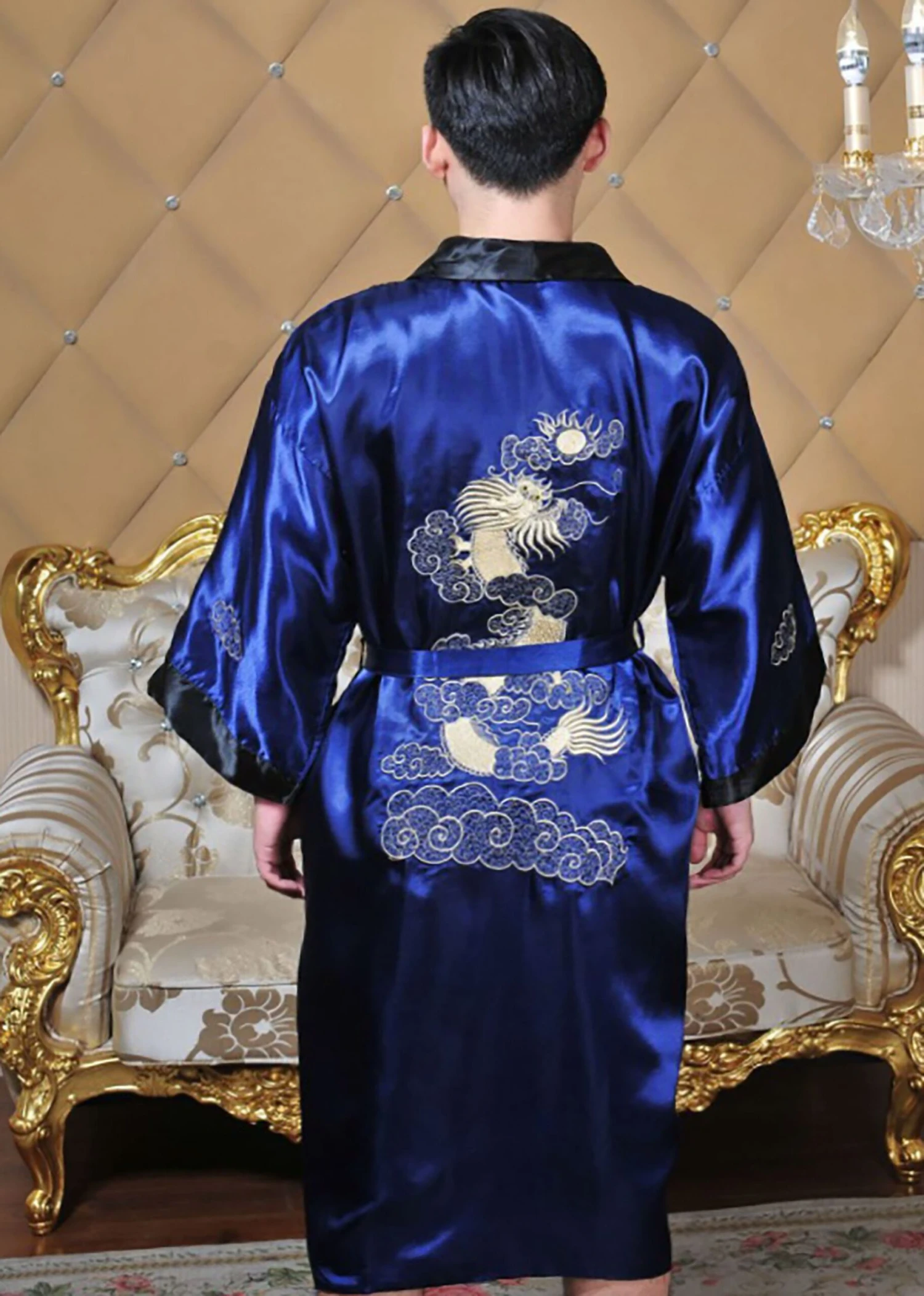 GFM Chinese Mens Or Unisex Dragon Design Dressing Gown Or Kimono - Navy Blue - Christmas Gift 3 GFM Chinese Mens Or Unisex Dragon Design Dressing Gown Or Kimono - Navy Blue - Christmas Gift
