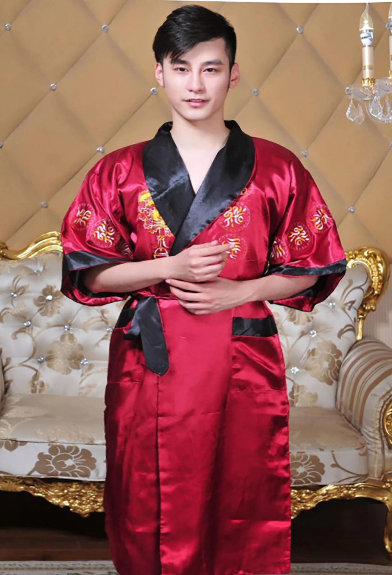 GFM Chinese Mens Or Unisex Dragon Design Dressing Gown Or Kimono - Burgundy Red - Christmas Gift 4 GFM Chinese Mens Or Unisex Dragon Design Dressing Gown Or Kimono - Burgundy Red - Christmas Gift - Image 2