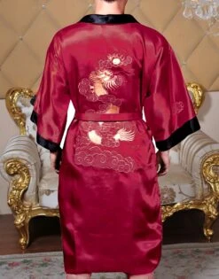 GFM Chinese Mens Or Unisex Dragon Design Dressing Gown Or Kimono - Burgundy Red - Christmas Gift