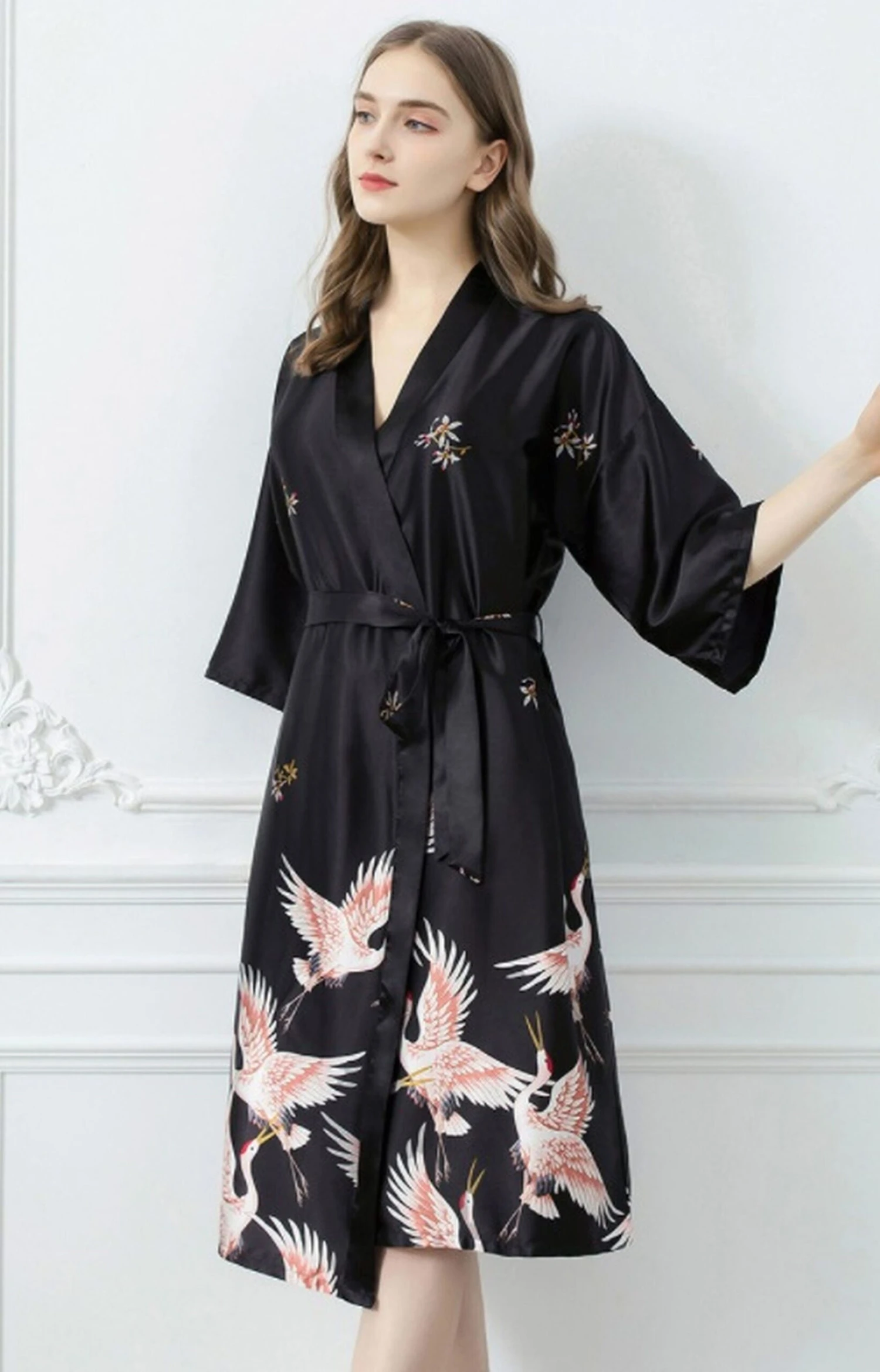 GFM Womens Chinese Satin Fabric Cranes Design Dressing Gown-Black , Grey , Red - Christmas Gift 5 GFM Womens Chinese Satin Fabric Cranes Design Dressing Gown-Black , Grey , Red - Christmas Gift - Image 3