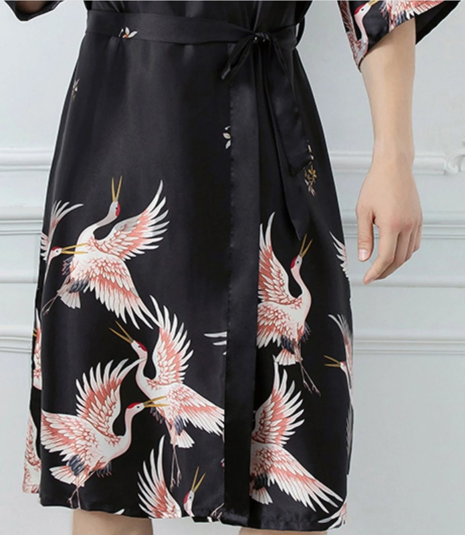 GFM Womens Chinese Satin Fabric Cranes Design Dressing Gown-Black , Grey , Red - Christmas Gift 6 GFM Womens Chinese Satin Fabric Cranes Design Dressing Gown-Black , Grey , Red - Christmas Gift - Image 4