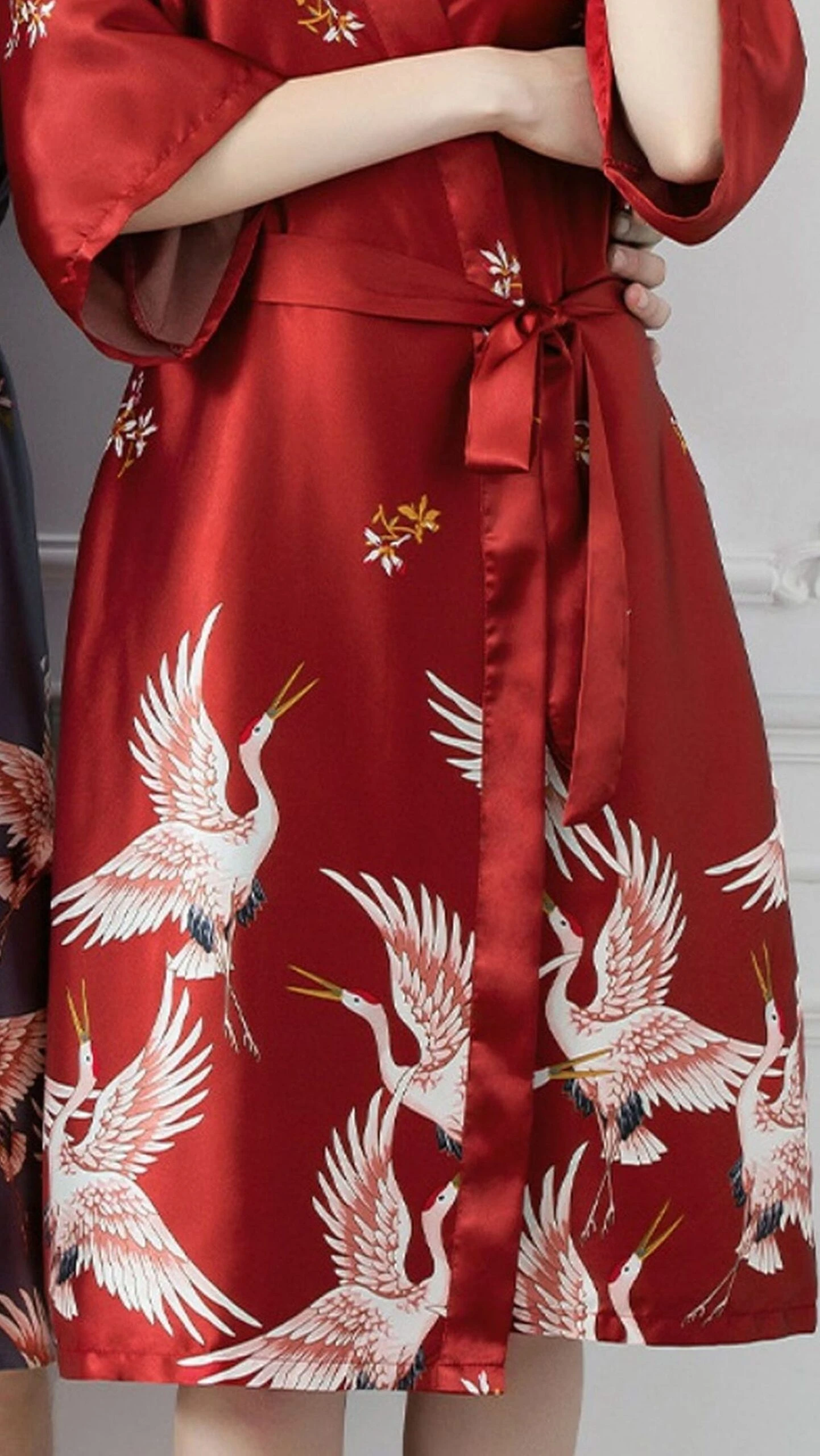 GFM Womens Chinese Satin Fabric Cranes Design Dressing Gown-Black , Grey , Red - Christmas Gift 9 GFM Womens Chinese Satin Fabric Cranes Design Dressing Gown-Black , Grey , Red - Christmas Gift - Image 7