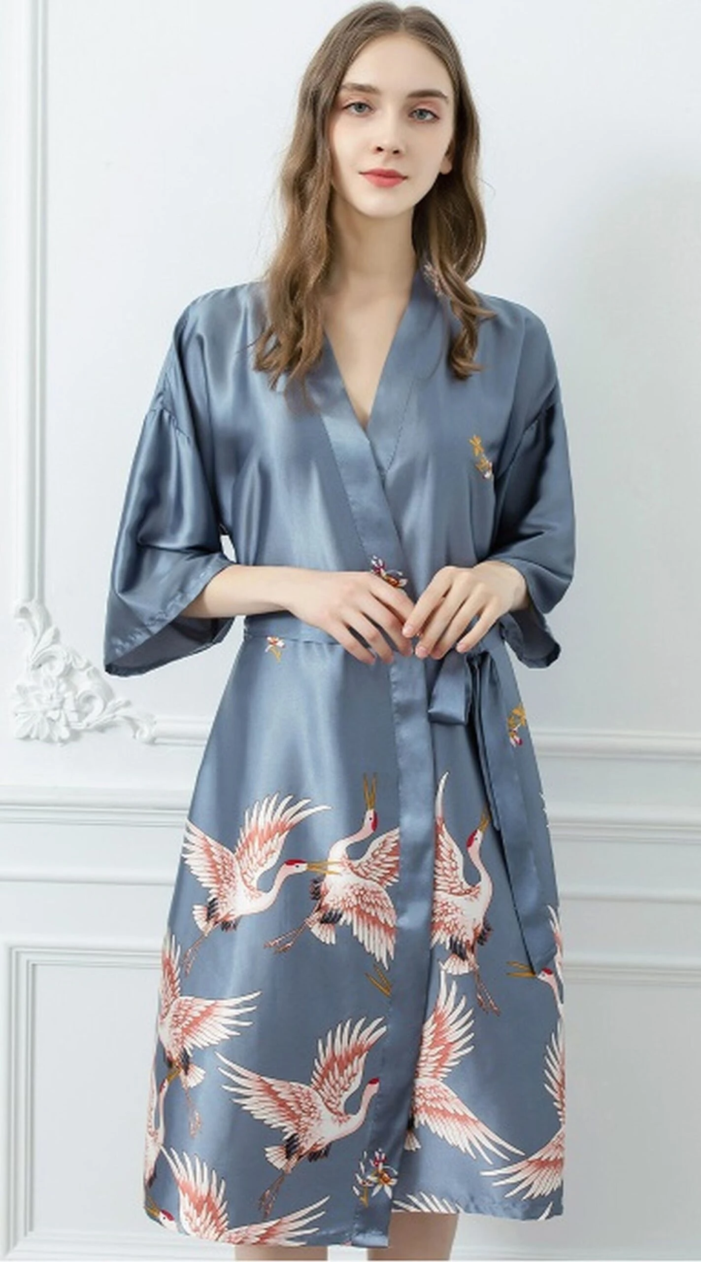 GFM Womens Chinese Satin Fabric Cranes Design Dressing Gown-Black , Grey , Red - Christmas Gift 11 GFM Womens Chinese Satin Fabric Cranes Design Dressing Gown-Black , Grey , Red - Christmas Gift - Image 9