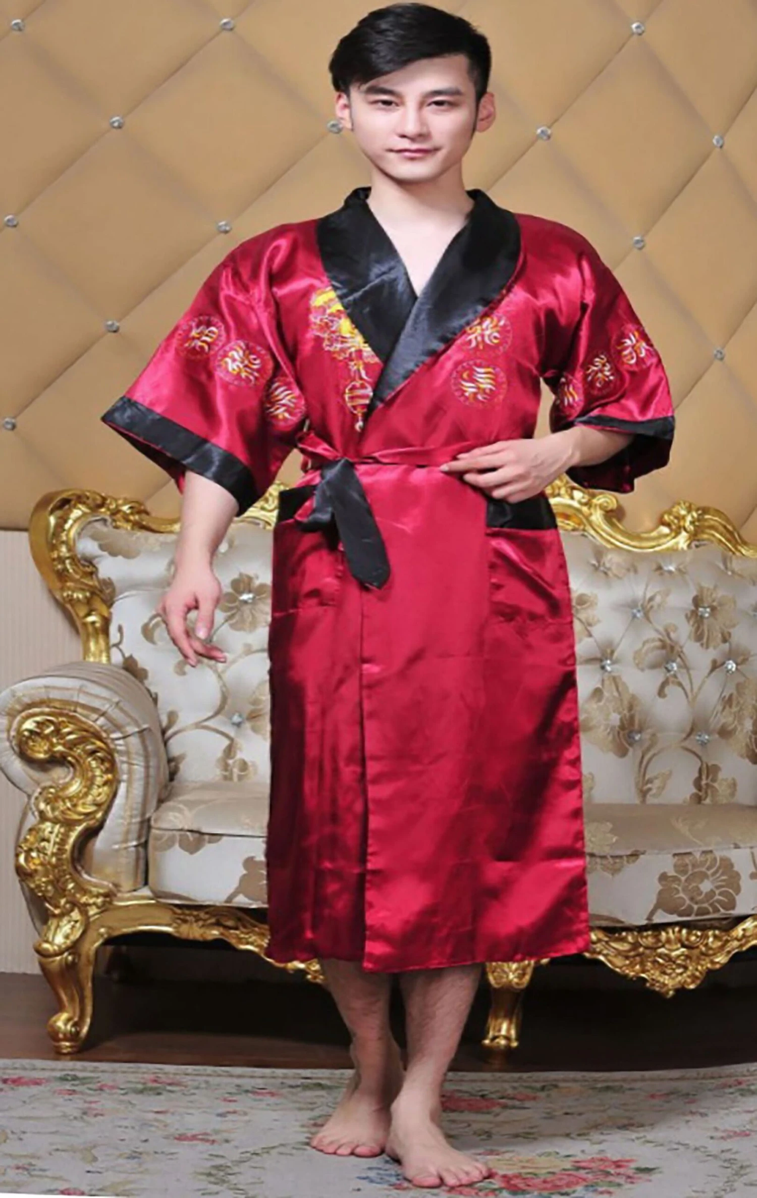 GFM Chinese Mens Or Unisex Dragon Design Dressing Gown Or Kimono - Burgundy Red - Christmas Gift 5 GFM Chinese Mens Or Unisex Dragon Design Dressing Gown Or Kimono - Burgundy Red - Christmas Gift - Image 3