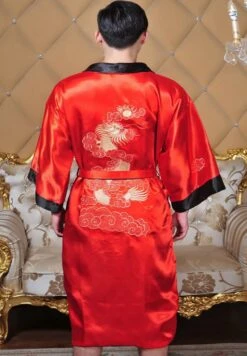 GFM Chinese Mens Or Unisex Dragon Design Dressing Gown Or Kimono - Red-VLL - Christmas Gift
