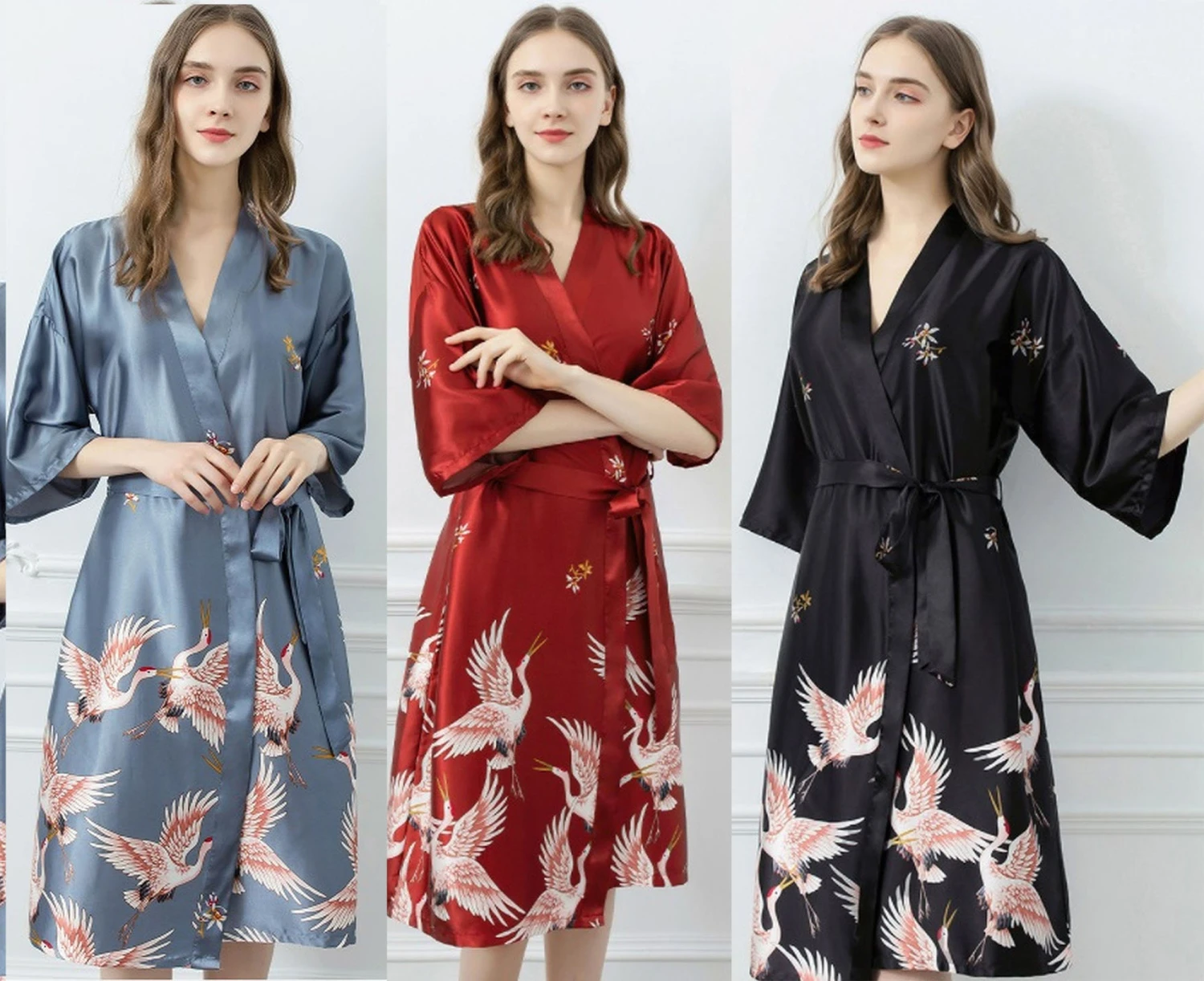 GFM Womens Chinese Satin Fabric Cranes Design Dressing Gown-Black , Grey , Red - Christmas Gift 3 GFM Womens Chinese Satin Fabric Cranes Design Dressing Gown-Black , Grey , Red - Christmas Gift