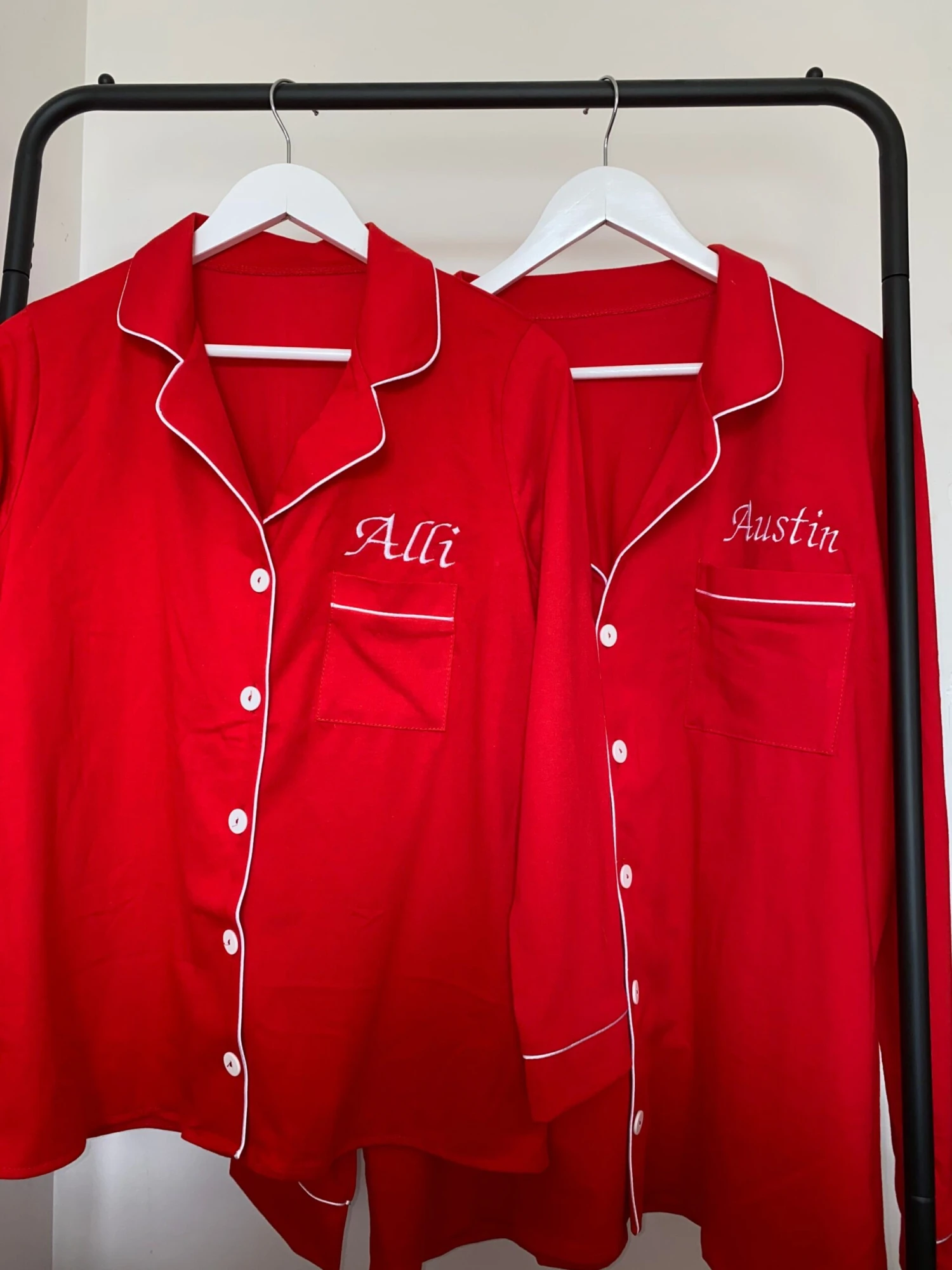 Personalised Embroidered Adults Christmas Red Pyjama Set With White Piping 6 Personalised Embroidered Adults Christmas Red Pyjama Set With White Piping - Image 4