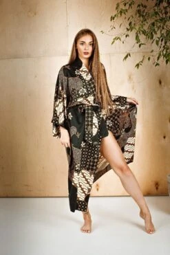 Black Silk Kimono Robe For Women, Bohemian Dressing Gown, Long Satin Robe,Christmas Gift For Wife Girlfriend Mom Sister