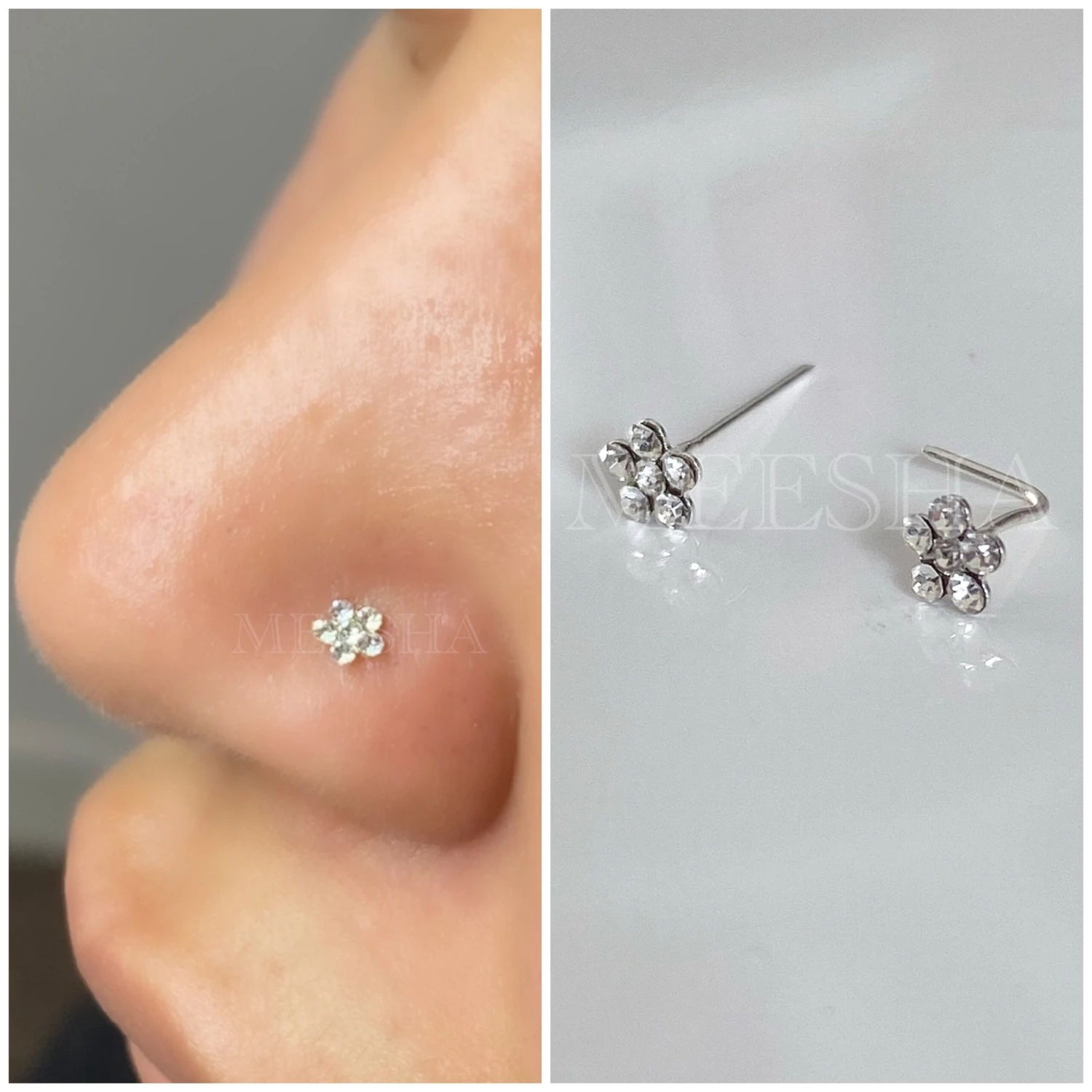 Very Thin 24G Sterling Silver Zirconia Crystal Flower Nose Stud Nose Ring Straight Or L Shape / Christmas Gift / Gift For Her/ 0.5mm 3 Very Thin 24G Sterling Silver Zirconia Crystal Flower Nose Stud Nose Ring Straight Or L Shape / Christmas Gift / Gift For Her/ 0.5mm