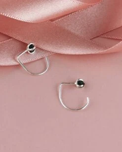 Raw Black Diamond Earrings, Pull Through Hoops, Genuine Diamond, Sterling Silver Huggie, Minimal Jewelry, Christmas Gift, Stocking Filler