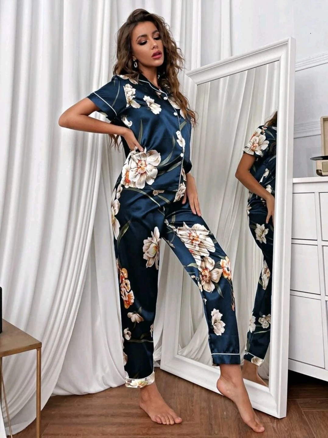 Personalised Satin Pyjamas, Navy Blue Floral Print Pjs, Birthday Gift For Her, Long Leg Sleepwear, Womens Nightwear, Christmas Pyjamas 5 Personalised Satin Pyjamas, Navy Blue Floral Print Pjs, Birthday Gift For Her, Long Leg Sleepwear, Womens Nightwear, Christmas Pyjamas - Image 3