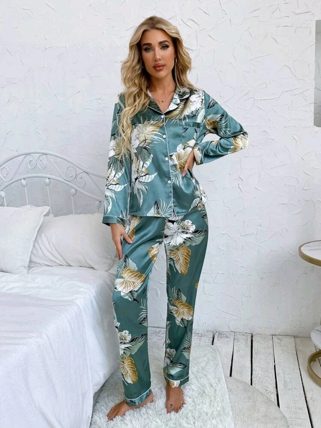 Personalised Satin Pyjamas, Navy Blue Floral Print Pjs, Birthday Gift For Her, Long Leg Sleepwear, Womens Nightwear, Christmas Pyjamas 4 Personalised Satin Pyjamas, Navy Blue Floral Print Pjs, Birthday Gift For Her, Long Leg Sleepwear, Womens Nightwear, Christmas Pyjamas - Image 2