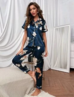 Personalised Satin Pyjamas, Navy Blue Floral Print Pjs, Birthday Gift For Her, Long Leg Sleepwear, Womens Nightwear, Christmas Pyjamas