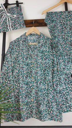 SILK/ COTTON Womens Cotton Pyjamas Set, Black Floral Pure Cotton Pyjama Full Length Set, Christmas Gifts