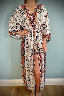 Cotton Kimono Robe, Beach Cover, Dressing Gown, Vintage Style, Women’s Gown, Gifts For Her, Loungewear, Aztec Cream, Christmas Gifts For Her