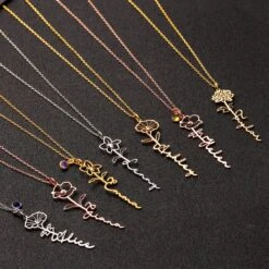 Sterling Silver Signature Tiny Birthflower Name Necklace With Zircon Birthstone, Wildflower Dainty Minimalist Nameplate Christmas Gift