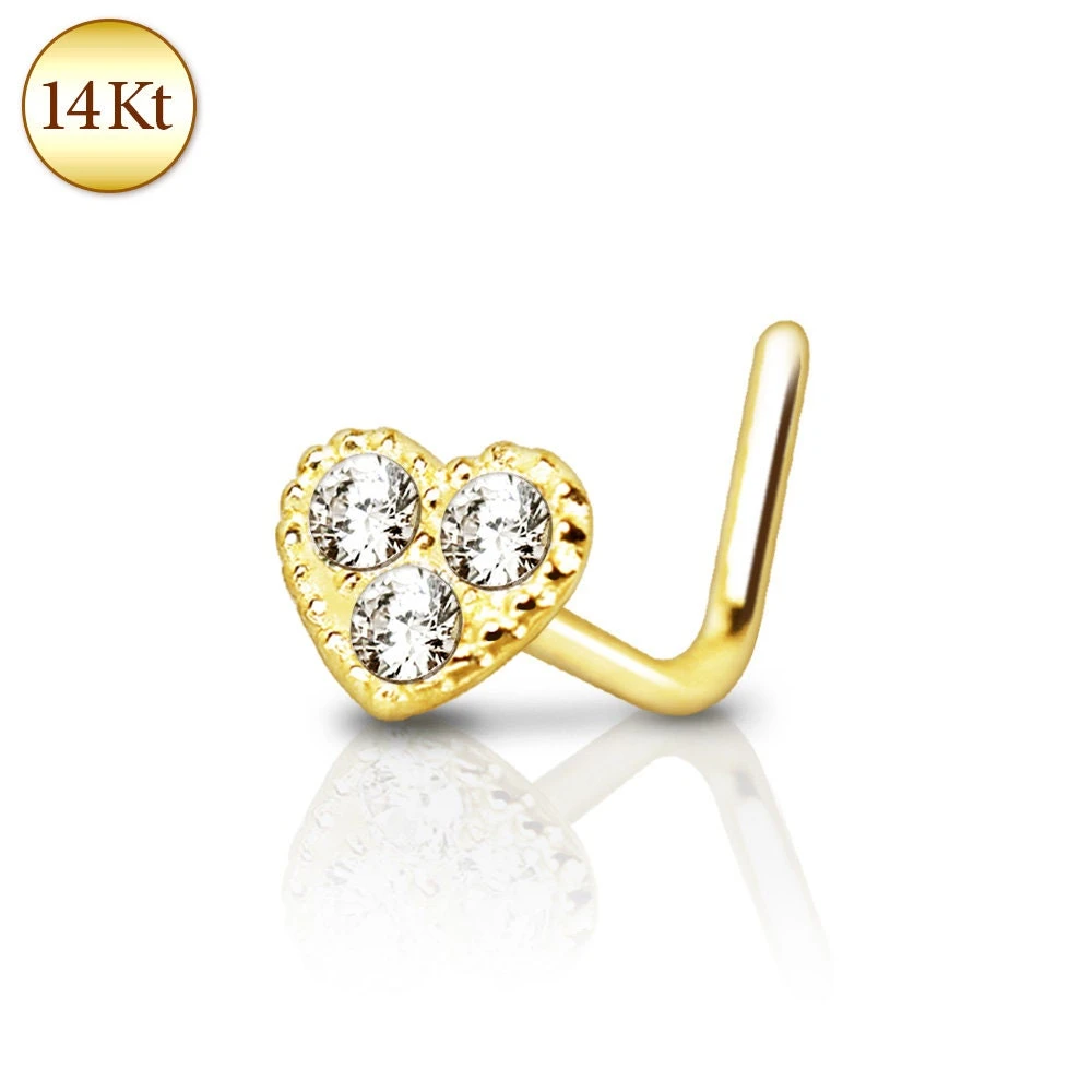 14Kt Yellow Gold Clear CZ Heart L Bend Nose Ring, Valentines Day Or Christmas Gift For Your LOVE 4 14Kt Yellow Gold Clear CZ Heart L Bend Nose Ring, Valentines Day Or Christmas Gift For Your LOVE - Image 2
