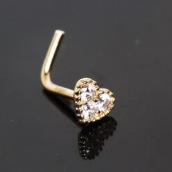 14Kt Yellow Gold Clear CZ Heart L Bend Nose Ring, Valentines Day Or Christmas Gift For Your LOVE