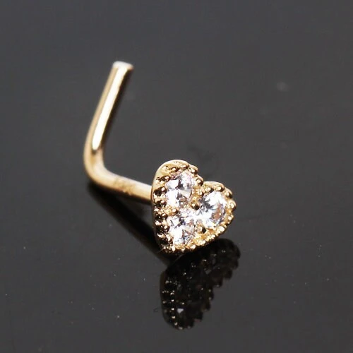 14Kt Yellow Gold Clear CZ Heart L Bend Nose Ring, Valentines Day Or Christmas Gift For Your LOVE 3 14Kt Yellow Gold Clear CZ Heart L Bend Nose Ring, Valentines Day Or Christmas Gift For Your LOVE