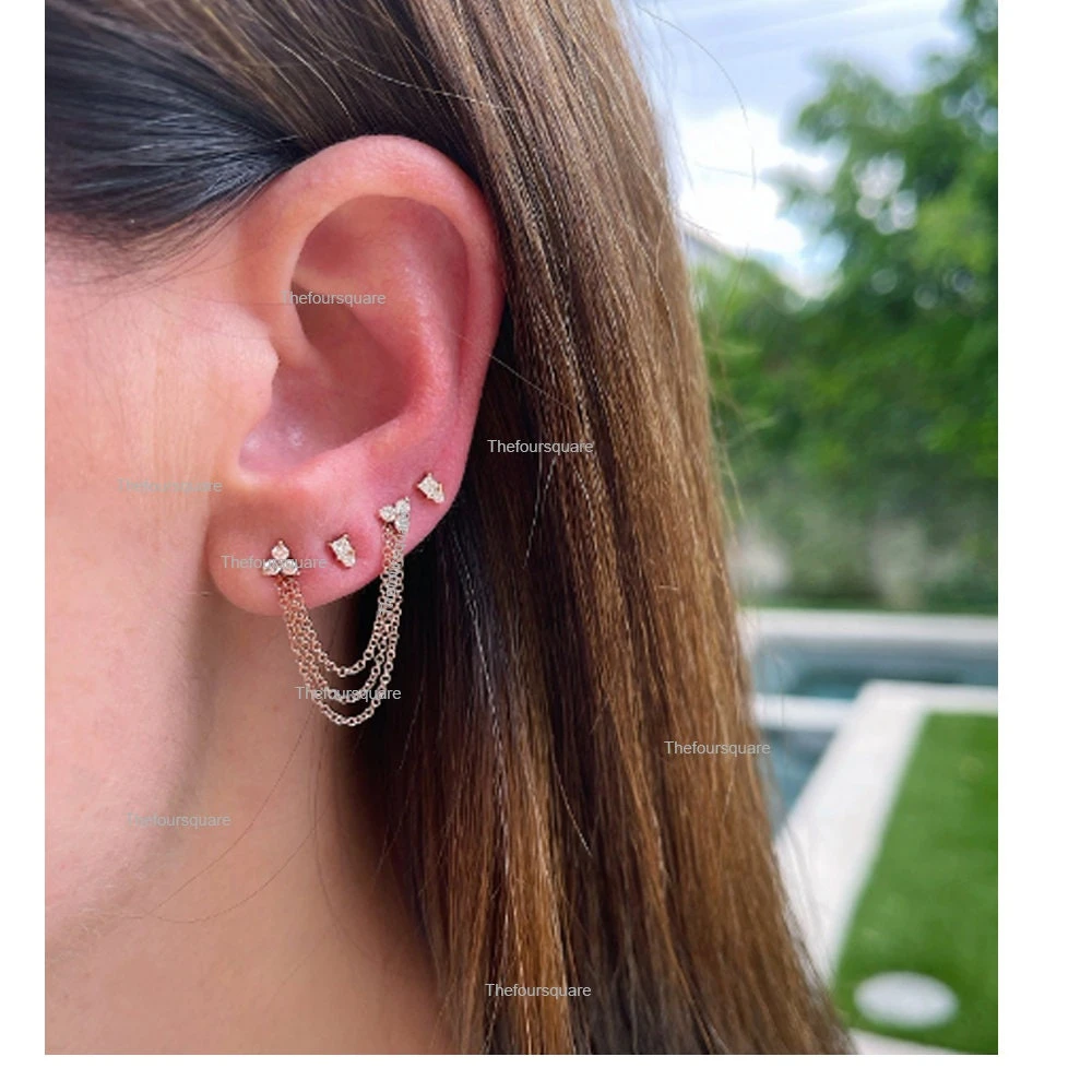 14k Solid Yellow Gold Triple Chain Stud Earring, Charm Chain Ear Jacket For Earrings, Three Chain Layering Earrings Fine Jewelry Christmas 4 14k Solid Yellow Gold Triple Chain Stud Earring, Charm Chain Ear Jacket For Earrings, Three Chain Layering Earrings Fine Jewelry Christmas - Image 2