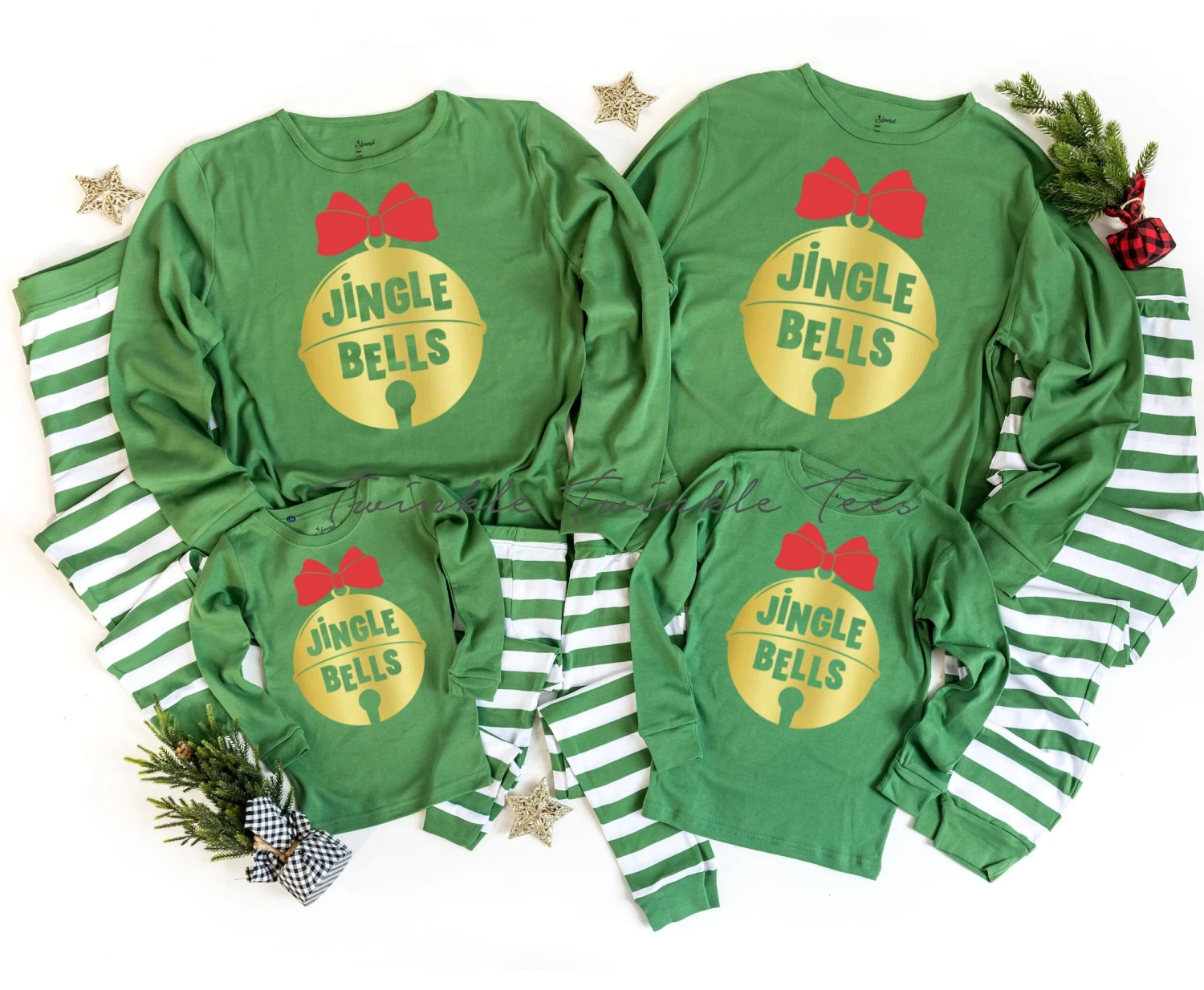 Jingle Bells Green Top Striped Christmas Pajamas 3 Jingle Bells Green Top Striped Christmas Pajamas
