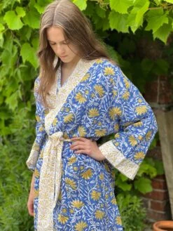 Blue Floral Kimono Robe, Long Kimono Robe, Bridal Party Robe, Cotton Kimono Dressing Gown, Beach Coverup Robe, Christmas Gift, One Size