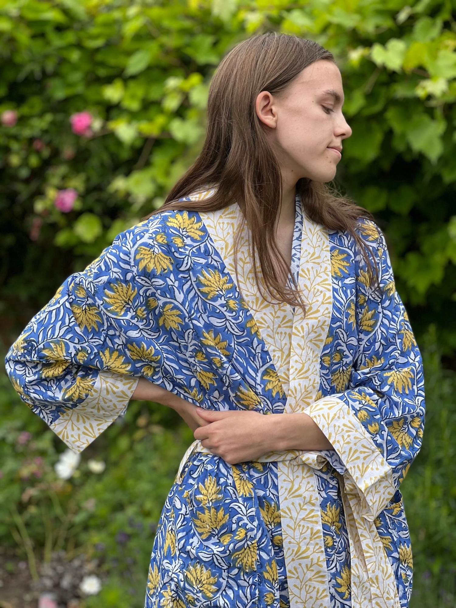 Blue Floral Kimono Robe, Long Kimono Robe, Bridal Party Robe, Cotton Kimono Dressing Gown, Beach Coverup Robe, Christmas Gift, One Size 4 Blue Floral Kimono Robe, Long Kimono Robe, Bridal Party Robe, Cotton Kimono Dressing Gown, Beach Coverup Robe, Christmas Gift, One Size - Image 2