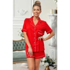 SHORT Red Women’s Personalised Cotton Pyjamas, Red Christmas PJs, Personalised PJs, Christmas Eve Pyjamas