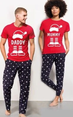 Personalised Christmas Pyjamas Matching Add Name Pyjamas Navy Stars Red Top Loungewear Adult Christmas Eve Box Gift