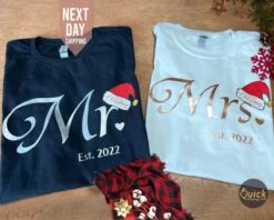 Mr Mrs Matching Christmas Couple Tshirt, Hubby Wifey Shirts, Newly Married Christmas Shirt, Honeymoon Tshirt, Christmas Gifts For Women Men