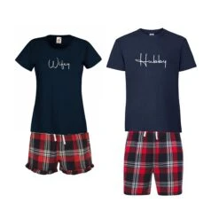 Matching Couple Tartan Pjs, WIFEY HUBBY Pyjamas, Women’s Men’s Pjs Pyjamas Shorts Mr Mrs Wife Husband Wedding Gift Honeymoon Christmas