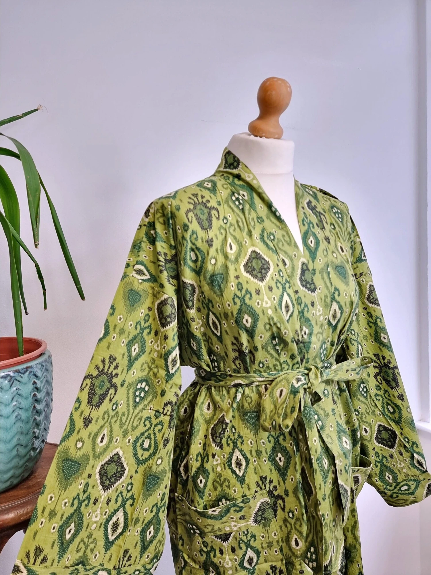 Pure Cotton Olive Mustard Ikat Print House Dressing Robe Spa Kimono Beach Coverup/Comfy Maternity New Mom Couple Set His Her Christmas Gift 4 Pure Cotton Olive Mustard Ikat Print House Dressing Robe Spa Kimono Beach Coverup/Comfy Maternity New Mom Couple Set His Her Christmas Gift - Image 2